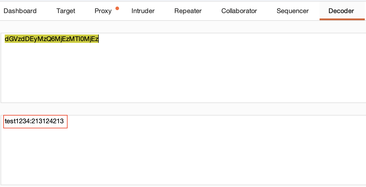 Burp Decoder — base64가 평문 자격증명으로 즉시 복원됨